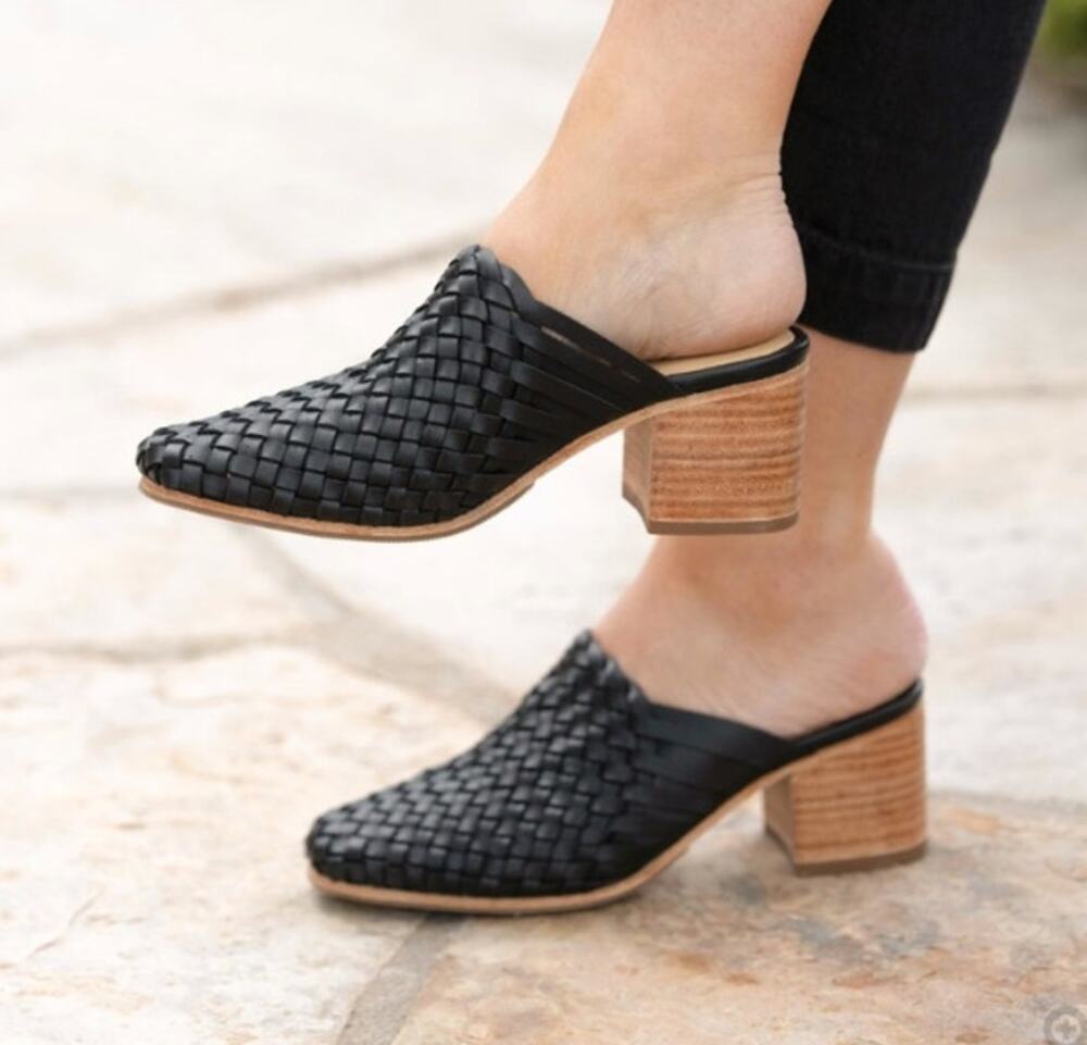 Nisolo Women's Go To Woven Heeled Slip-On Black Leather Size 6 NIB Comfy Mules